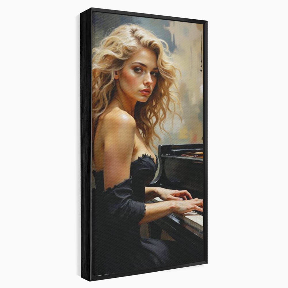 Tablou canvas cu tablou canvas cu femeie blonda la pian, in rama de aluminiu negru